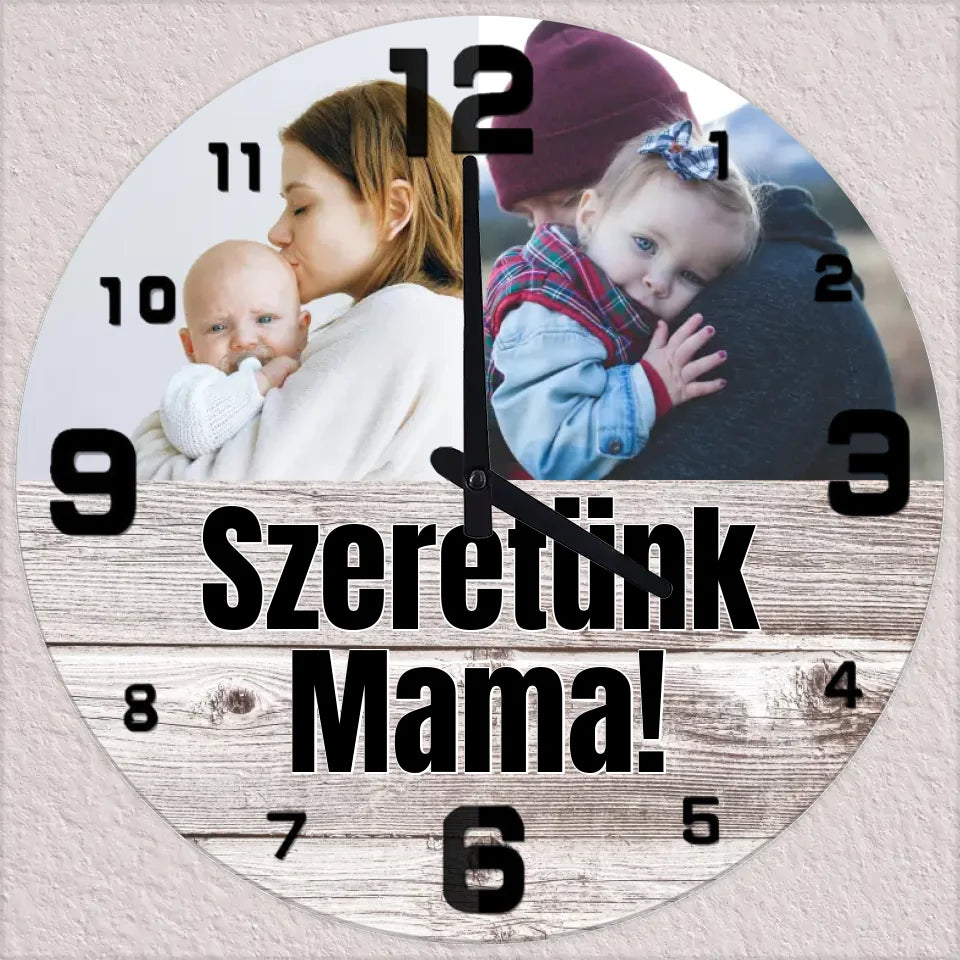 Egyedi fényképes 2 képes falióra választható háttérrel, felirattal - Ajándékverzum