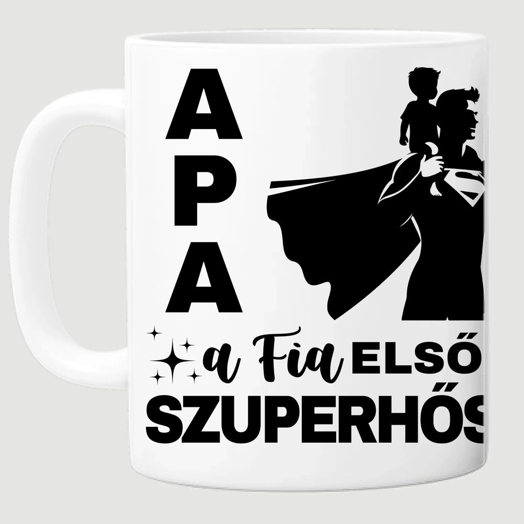 Apa a fia első hőse - egyedi fényképes bögre apának - Ajándékverzum