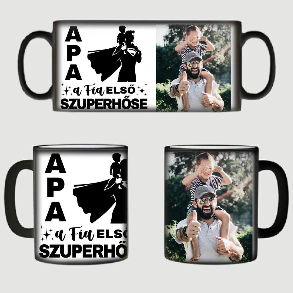 Apa a fia első hőse - egyedi fényképes bögre apának - Ajándékverzum