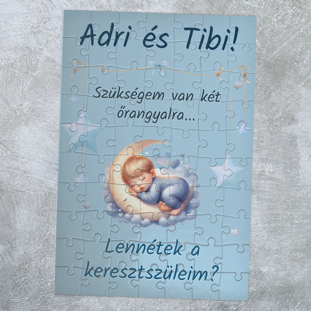 Egyedi keresztszülő felkérő puzzle - saját felirattal és fiús mintával - Ajándékverzum