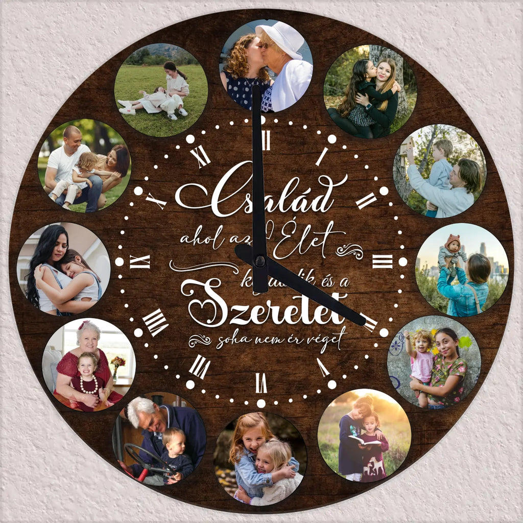 Egyedi 12 fényképes falióra a Család ahol az élet kezdődik és a Szeretet soha nem ér véget felirattal - Ajándékverzum