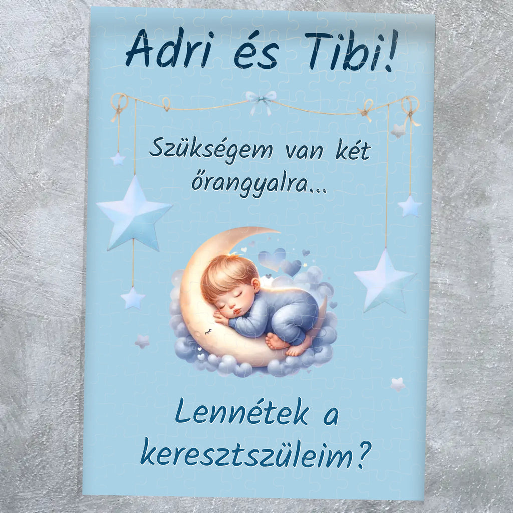 Egyedi keresztszülő felkérő puzzle - saját felirattal és fiús mintával - Ajándékverzum