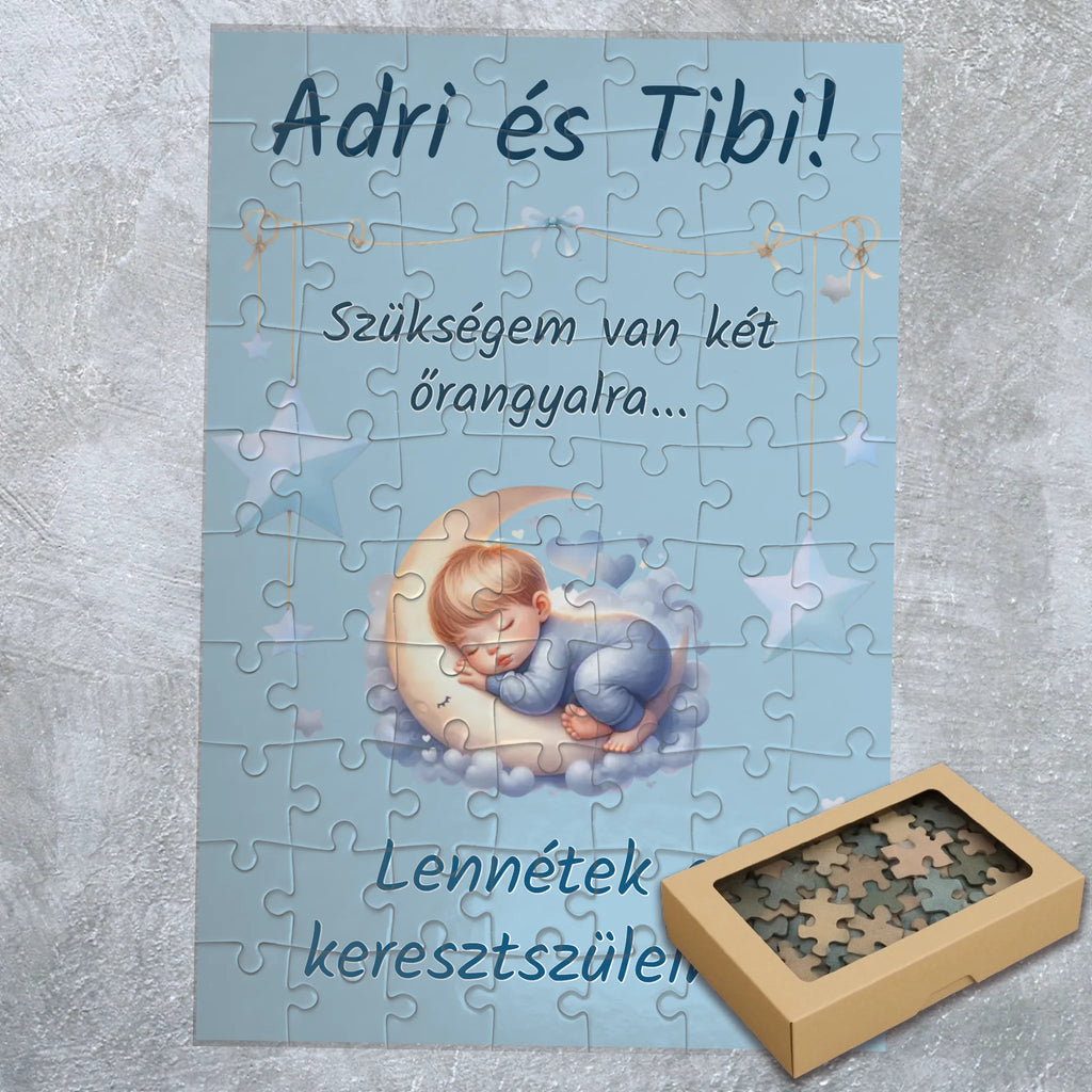 Egyedi keresztszülő felkérő puzzle - saját felirattal és fiús mintával - Ajándékverzum