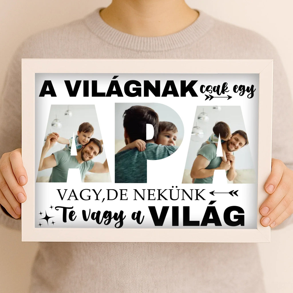 A világnak csak egy apa vagy, de nekünk te vagy a világ - egyedi fényképes falikép apának - Ajándékverzum