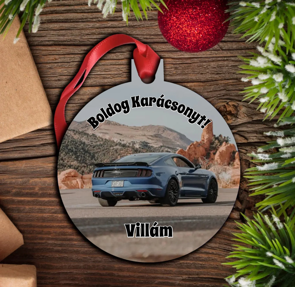 Karácsonyfadísz Autód képével, saját szöveggel