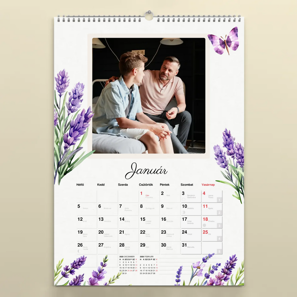 Egyedi fényképes falinaptár névnapokkal 2026 levendula mintás