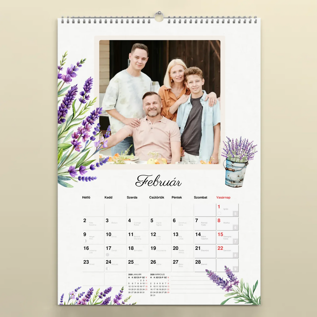 Egyedi fényképes falinaptár névnapokkal 2026 levendula