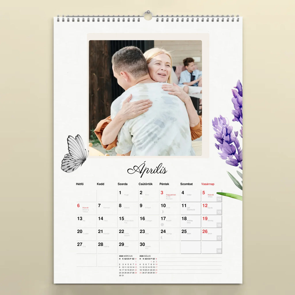 Egyedi fényképes falinaptár névnapokkal 2026 levendula