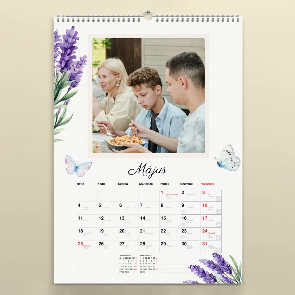 Egyedi fényképes falinaptár névnapokkal 2026 levendula
