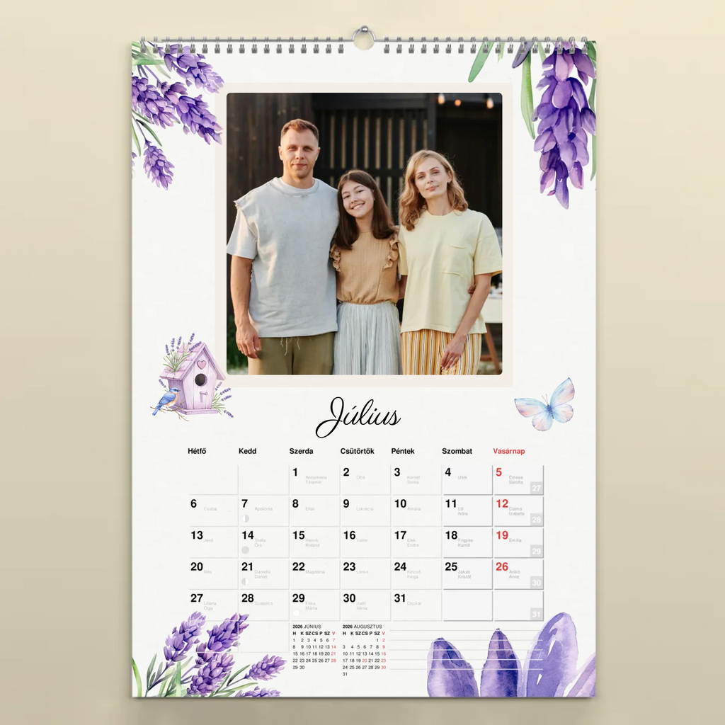 Egyedi fényképes falinaptár névnapokkal 2026 levendula