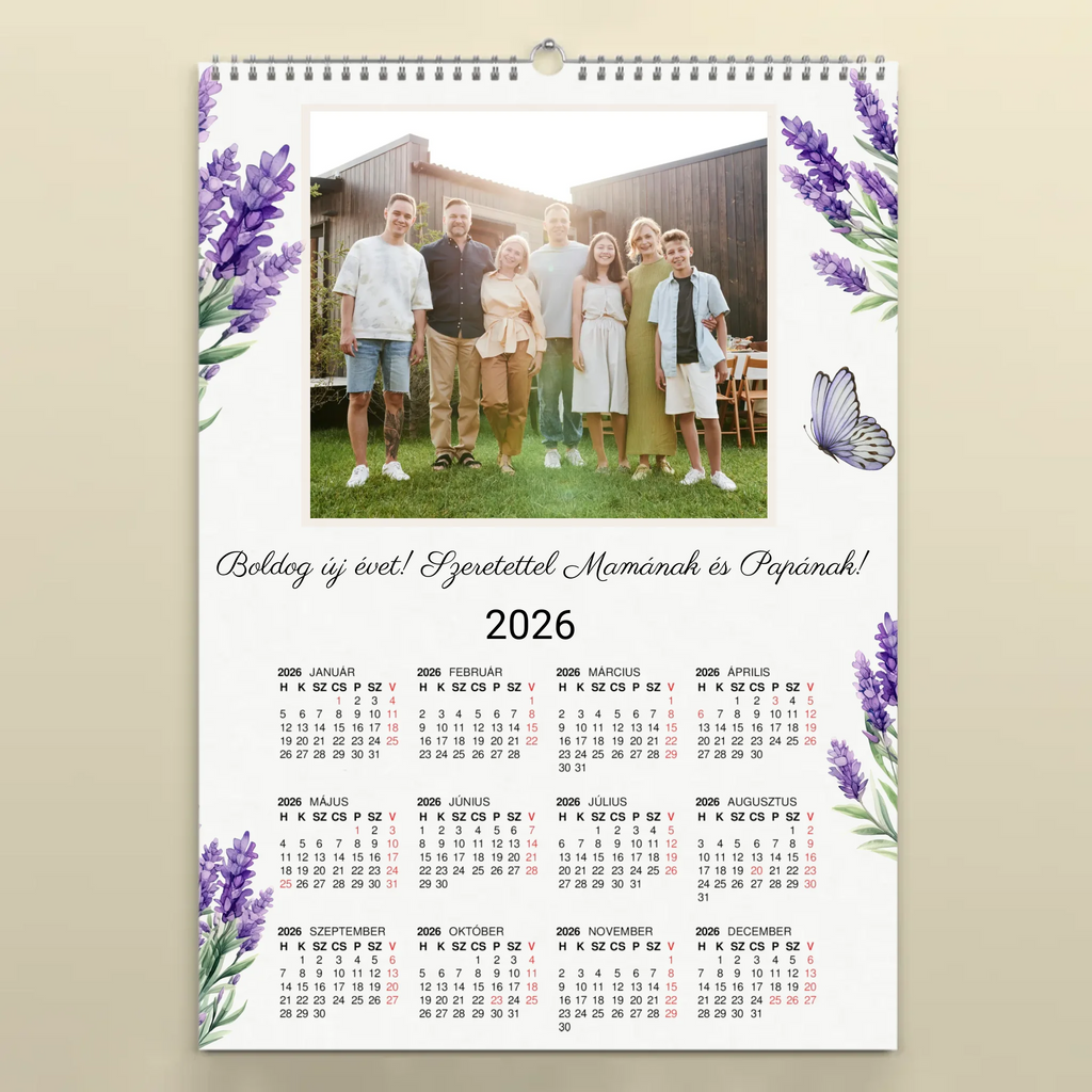Egyedi fényképes falinaptár névnapokkal 2026 levendula