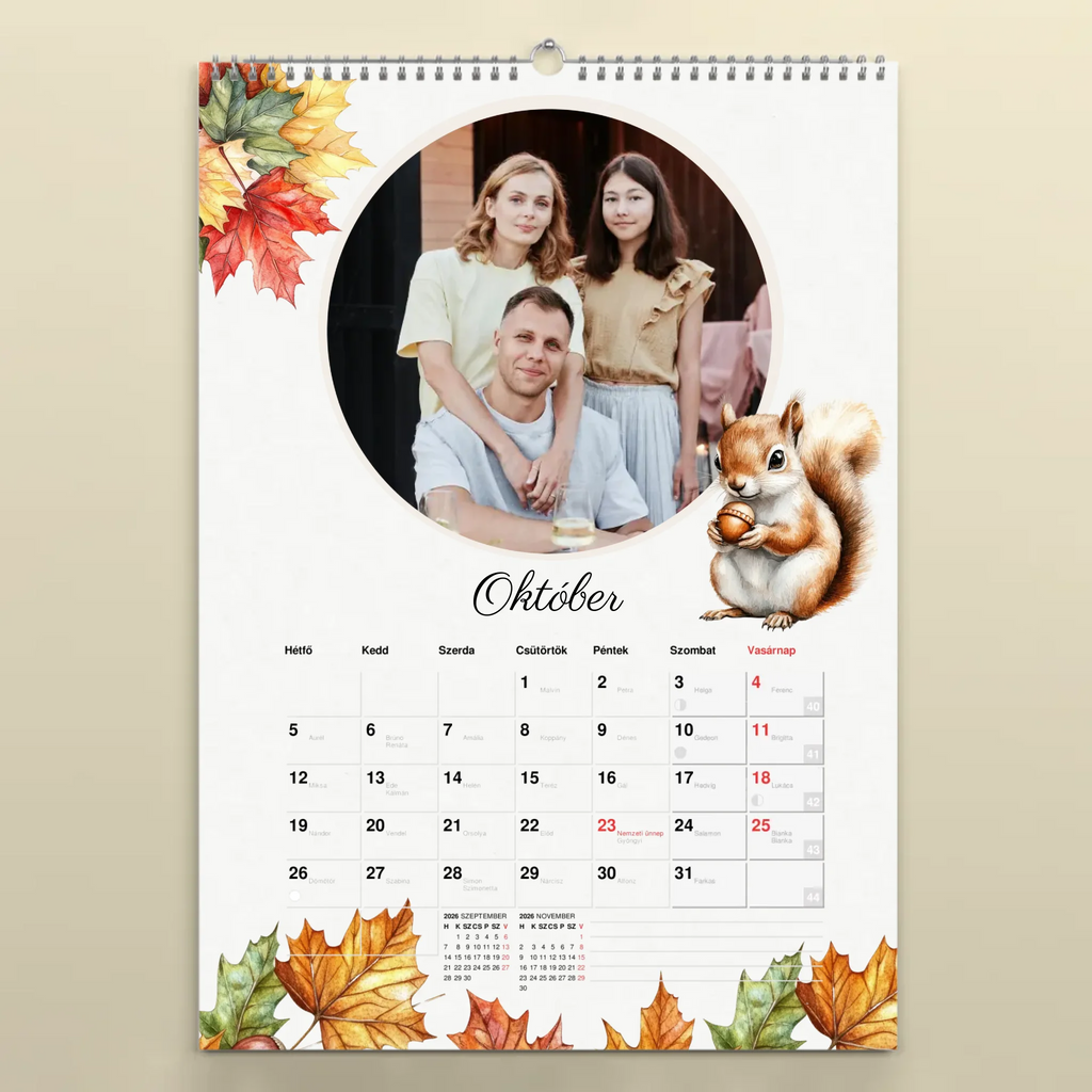 Egyedi fényképes falinaptár névnapokkal 2026 erdei állatok