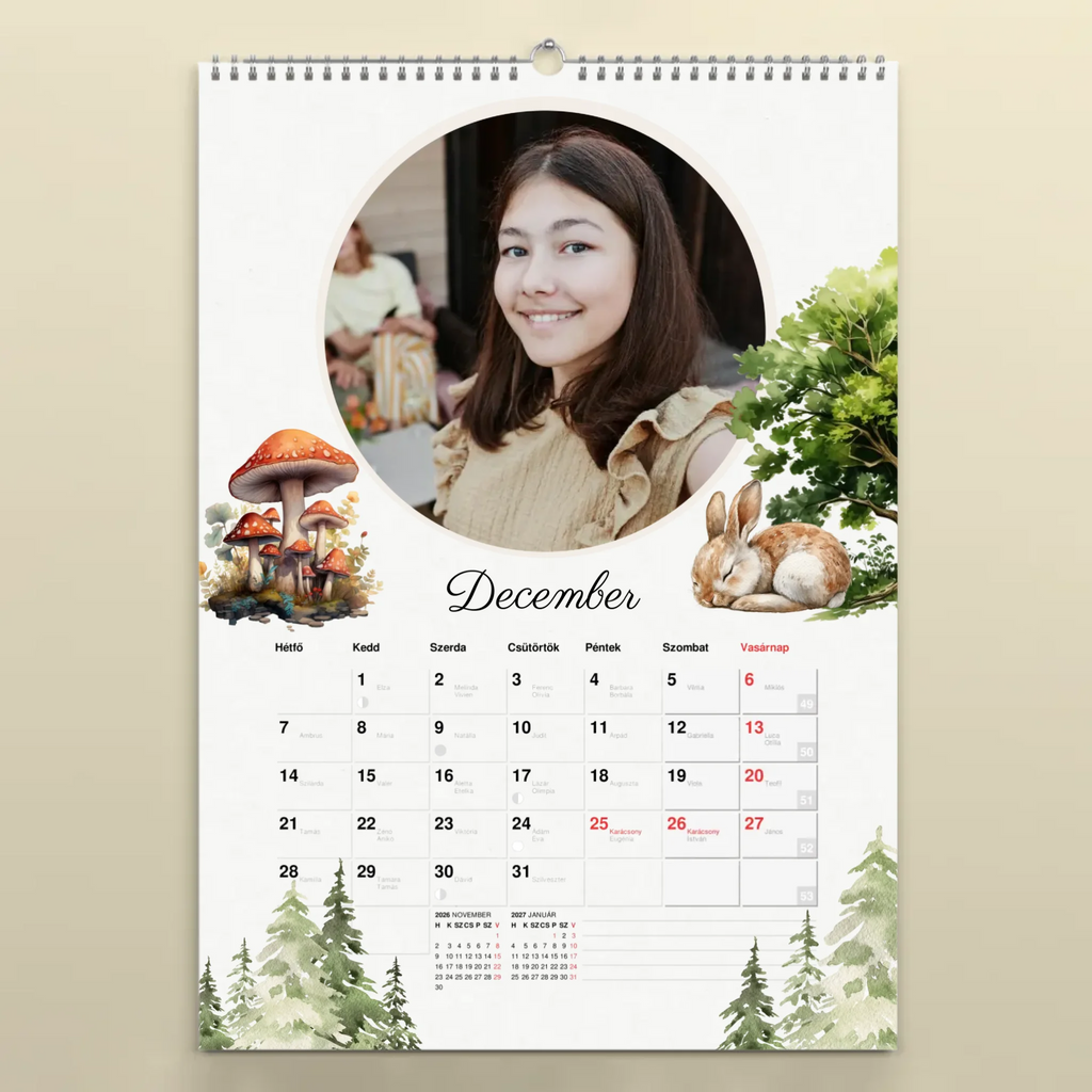 Egyedi fényképes falinaptár névnapokkal 2026 erdei állatok