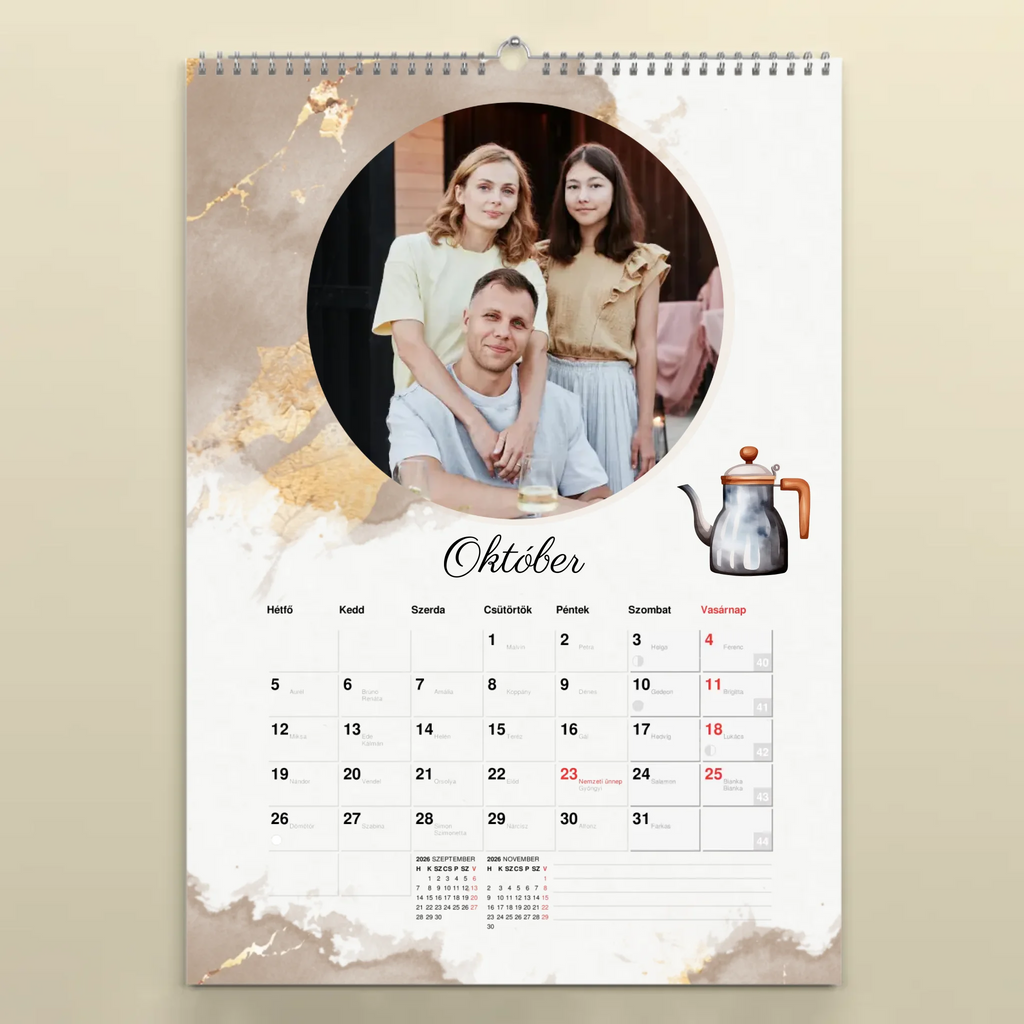 Egyedi fényképes falinaptár névnapokkal 2026 kávé