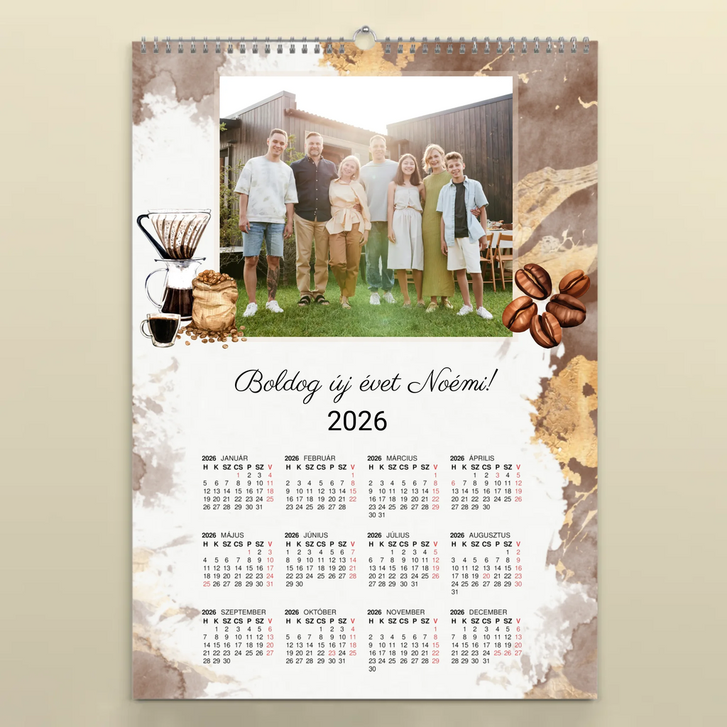 Egyedi fényképes falinaptár névnapokkal 2026 kávé