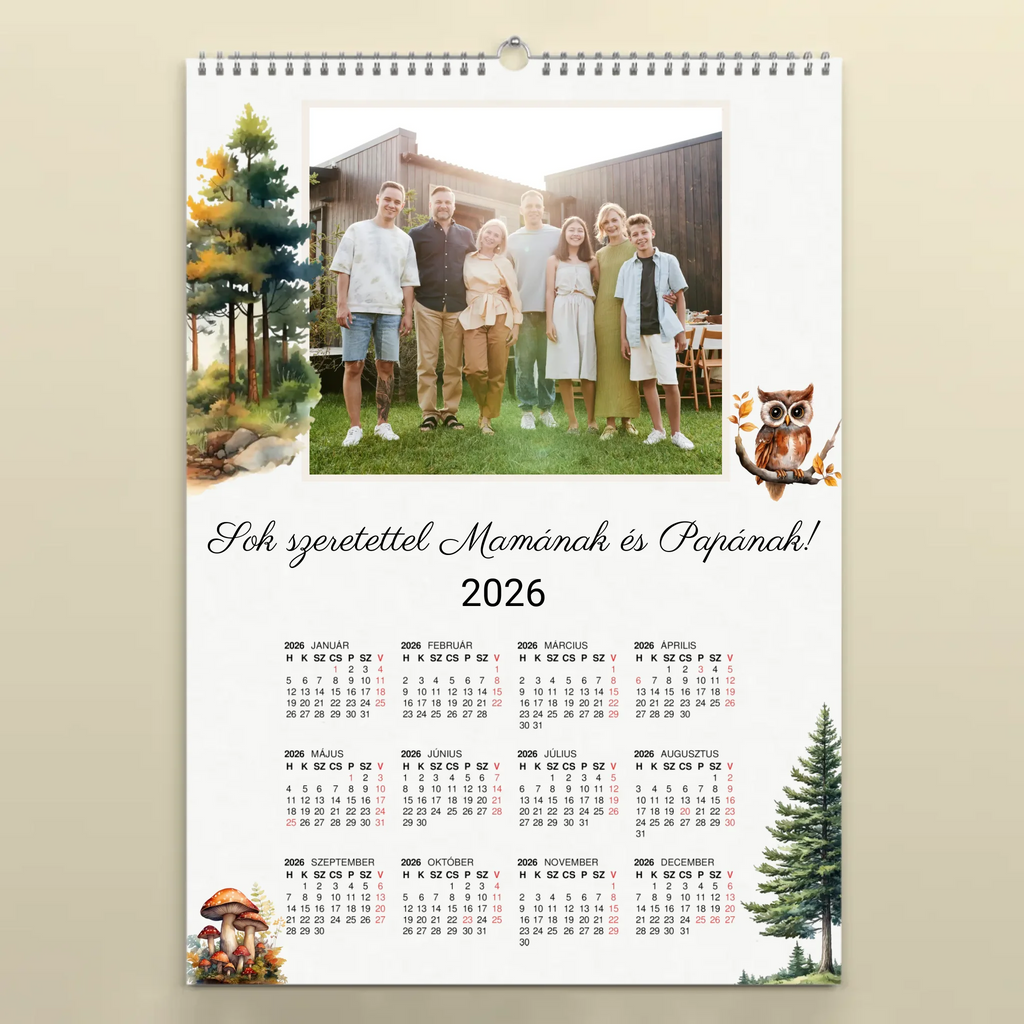 Egyedi fényképes falinaptár névnapokkal 2026 erdei állatok mintával
