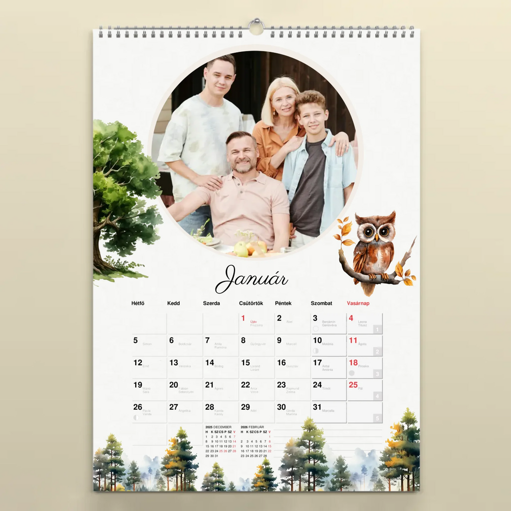 Egyedi fényképes falinaptár névnapokkal 2026 erdei állatok