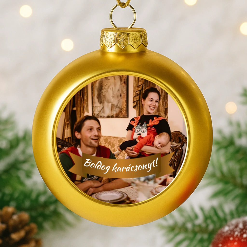 Egyedi képes arany gömbdísz
